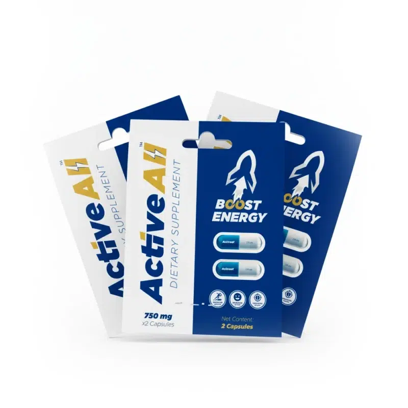 Active All Energy Booster supplement packs contain capsules to increase energy and focus.