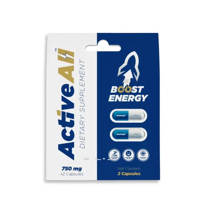 Active All Energy Booster supplement packs contain capsules to increase energy and focus.