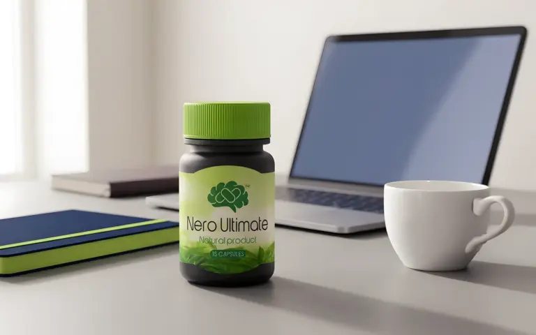 Nero Ultimate bottle displayed on a modern desk beside a laptop and coffee cup